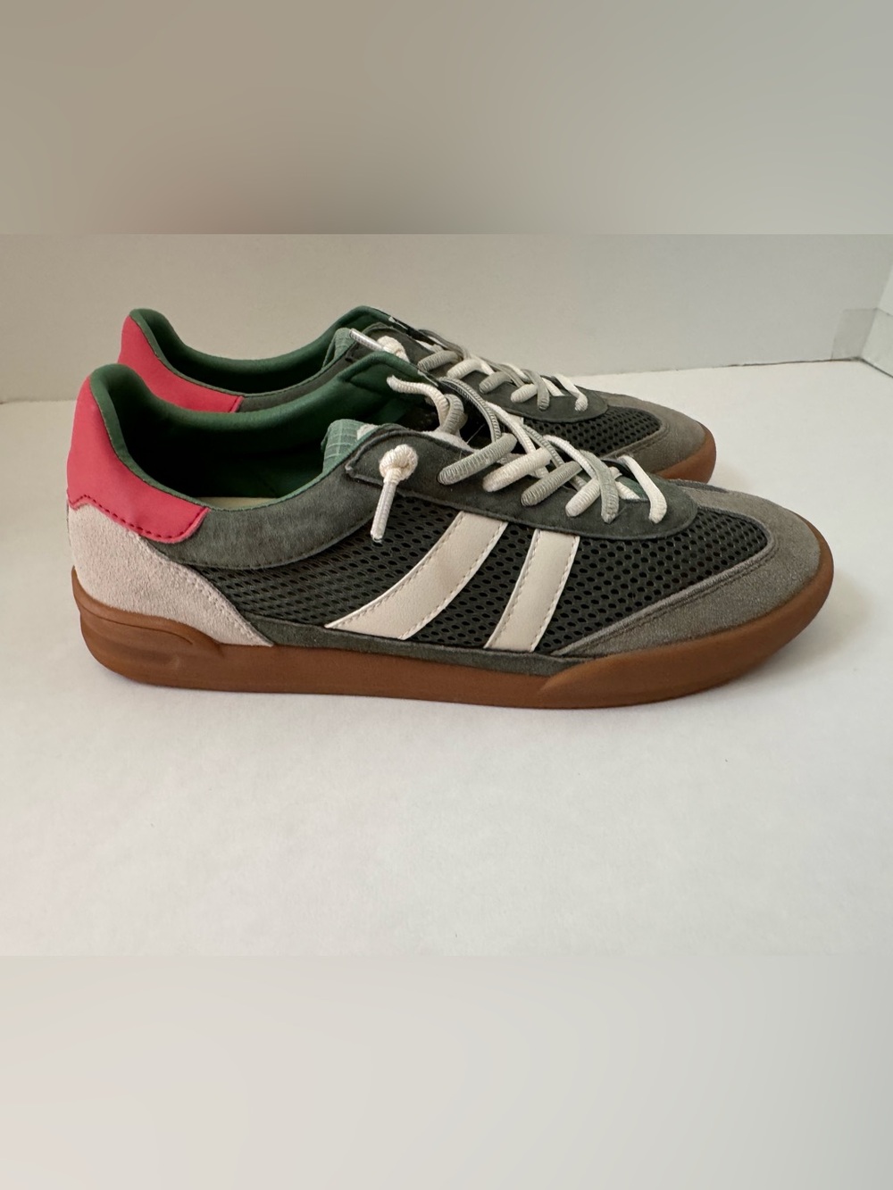 Steve Madden olive green Mesh & Suede Sneakers with White Stripes and Pink Heel